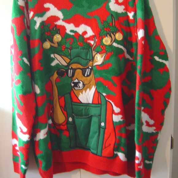 Men's Holiday Time red/green/white print sweater-reindeer with front pouch-2XL - Picture 1 of 5